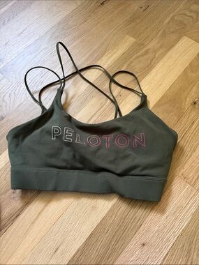 Peloton Olive Green Strappy Low-Impact Sports Bra with Pink Logo
